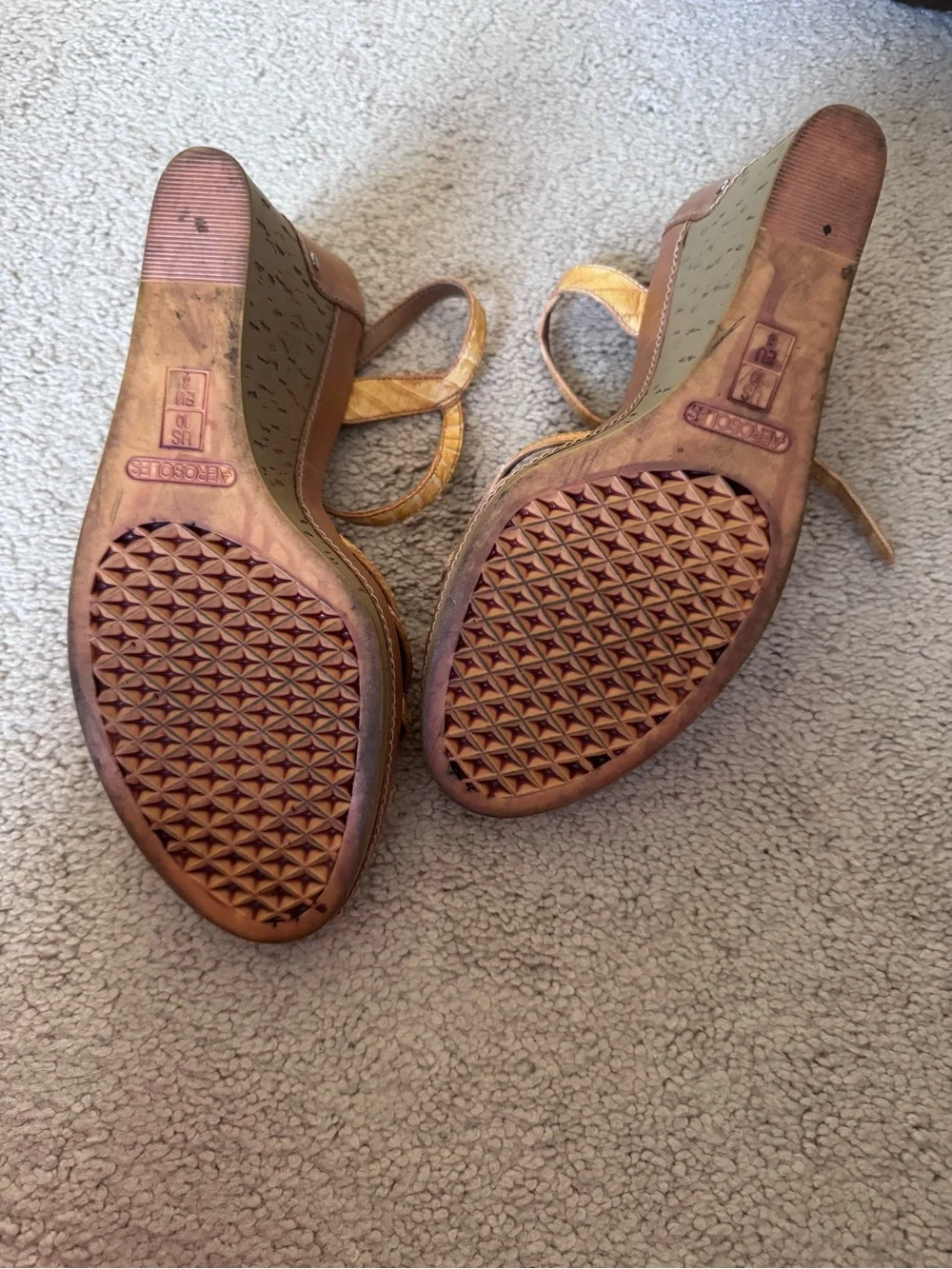 AEROSOLES Brown and Beige Leather Wedge Sandals with Buckle